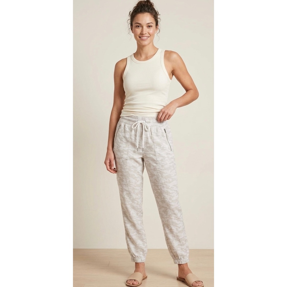 Athleta Cabo Tide Linen High Rise Joggers Camo Tide Grey White Size 12 Travel